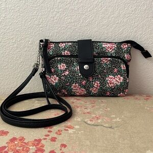 Small Black & Pink Floral Crossbody Bag, Man-Made Material, Long Strap, Adorno